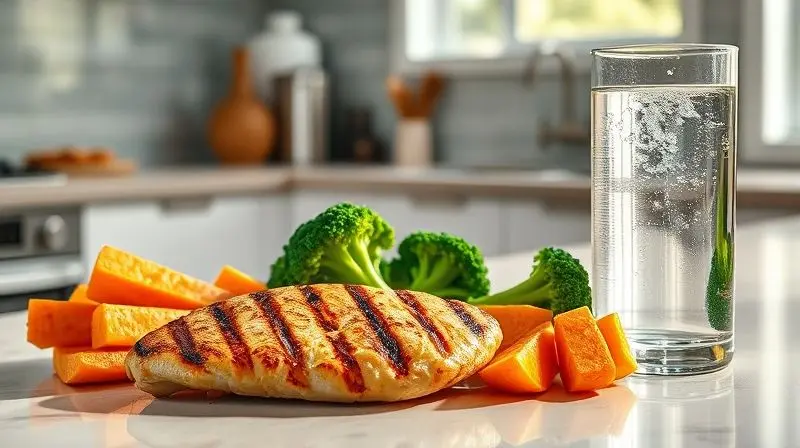 Prato de comida saudável com frango, batata doce e brócolis ao lado de um copo de água, representando a alimentação para recuperação muscular.