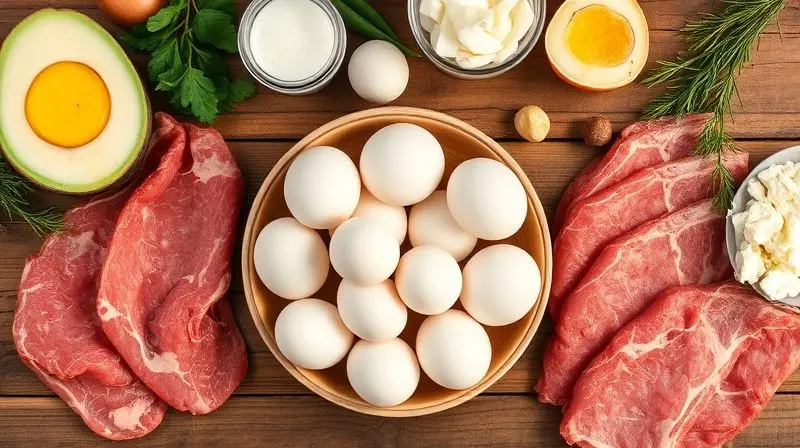 Composição de alimentos que são fontes naturais de albumina, incluindo ovos, carnes magras e laticínios, dispostos sobre uma mesa.