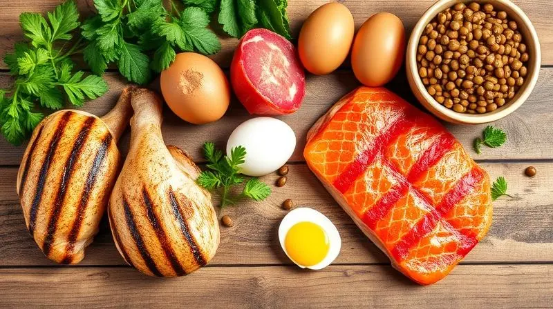 Composição de alimentos ricos em BCAA, como frango, carne, peixe e ovos, que são fontes naturais de aminoácidos essenciais.