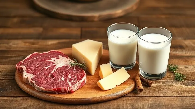 Composição com alimentos ricos em CLA, como carne, queijo e leite, que são fontes naturais do nutriente.