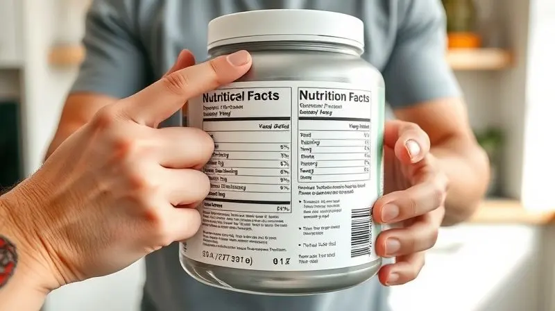 Pessoa analisando o rótulo e a tabela nutricional de um pote de whey protein para fazer a melhor escolha.