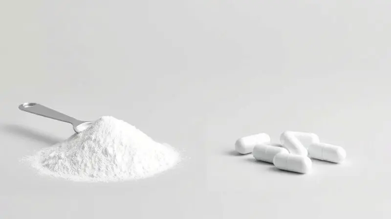 Comparativo visual lado a lado de arginina em pó com um medidor e arginina em cápsulas para mostrar a diferença entre as formas.