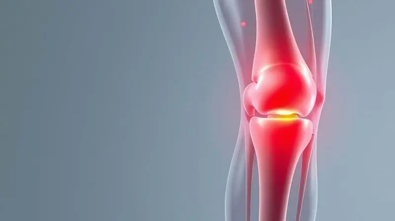 Ilustração conceitual da articulação de um joelho com sinais de inflamação e artrose, mostrando o desgaste da cartilagem.