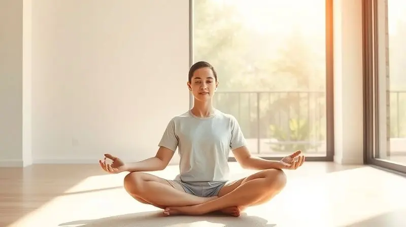 Pessoa em um ambiente calmo e iluminado, meditando tranquilamente para representar o controle do estresse e ansiedade com o uso de ashwagandha.