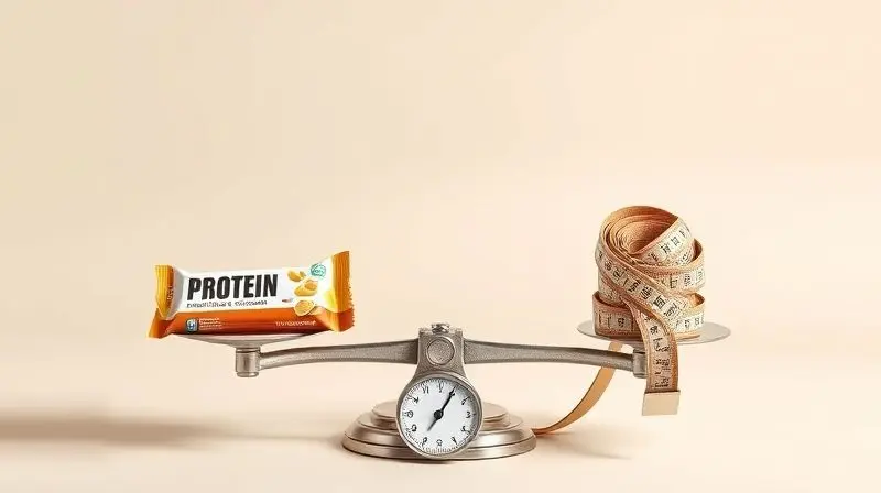 Balança equilibrando uma barra de proteína e uma fita métrica, simbolizando a dúvida se a barra de proteína engorda ou ajuda a emagrecer.