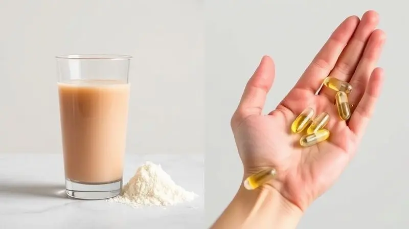 Comparativo visual entre BCAA em pó, misturado em um copo, e BCAA em cápsulas, mostrando as duas formas de apresentação do suplemento.