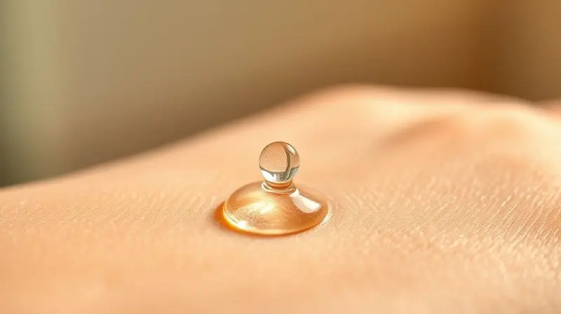 Macro de uma gota de sérum antioxidante sendo aplicada na pele, ilustrando os benefícios para a saúde e rejuvenescimento da pele.
