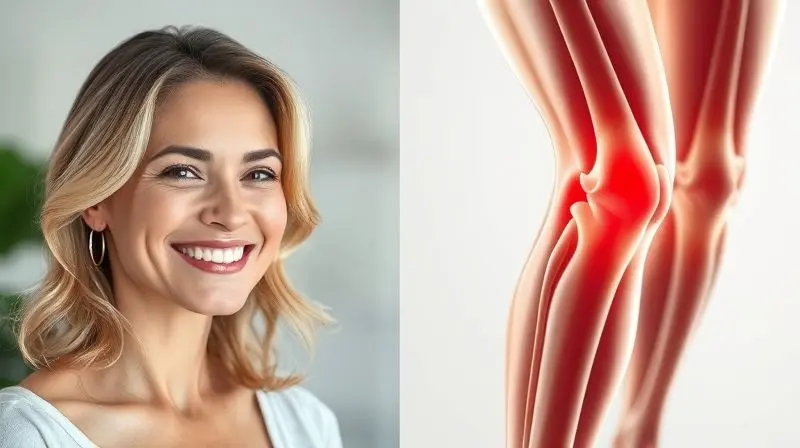 Mulher com pele radiante e cabelo saudável ao lado de uma ilustração de articulações saudáveis, mostrando os benefícios do colágeno.