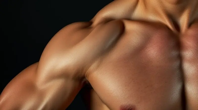Close-up em braço e torso definidos, simbolizando os benefícios do pré-hormonal, como ganho de força e massa muscular.