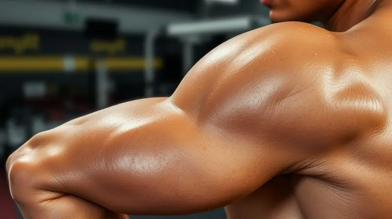 Close-up no braço de um atleta mostrando a definição muscular, ilustrando os benefícios do BCAA para a recuperação e crescimento dos músculos.