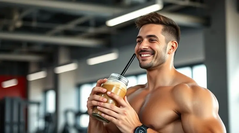 Pessoa atlética e sorridente bebendo um shake de proteína após o treino, demonstrando os benefícios do whey protein para a saúde.