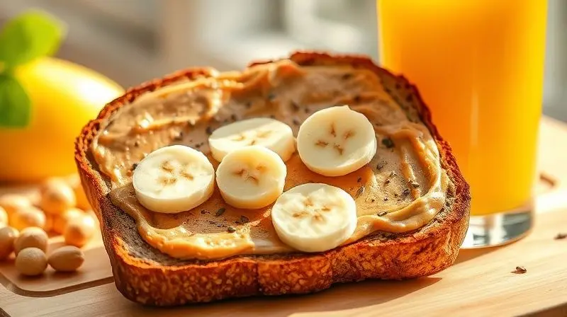 Prato de café da manhã saudável com torrada, pasta de amendoim e banana, simbolizando os benefícios do alimento para a dieta.