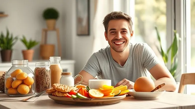 Pessoa sorrindo com um café da manhã proteico à sua frente, ilustrando os benefícios de começar o dia com uma refeição rica em proteínas.
