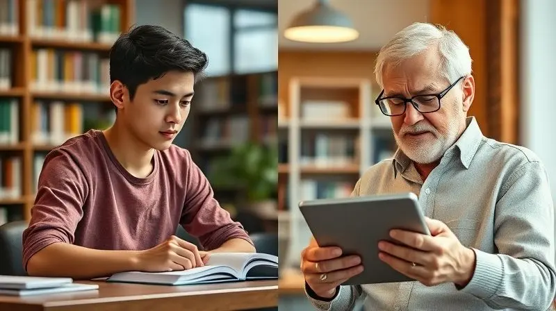 Um estudante focado e um idoso ativo usando um tablet, representando as diferentes pessoas que podem se beneficiar dos suplementos para cognição e memória.