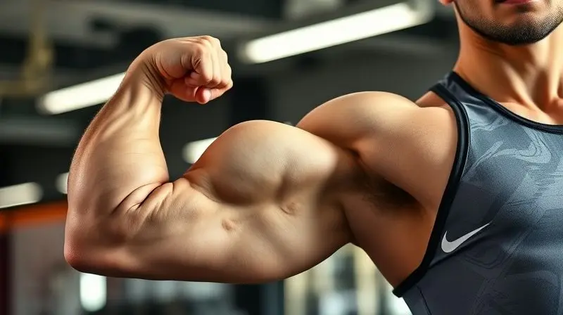 Braço musculoso de um atleta em destaque, representando os benefícios do Whey da Growth para o ganho de massa e força muscular.