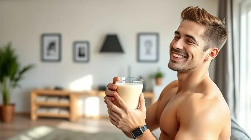 Homem sorrindo ao beber um shake, ilustrando os benefícios do whey protein para a perda de peso e um estilo de vida saudável.