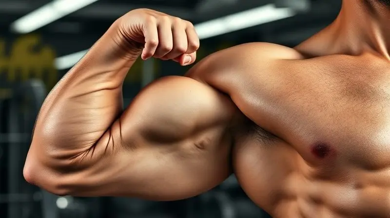 Braço de uma pessoa contraindo o bíceps em uma academia, ilustrando o benefício do CLA para o ganho de massa muscular.