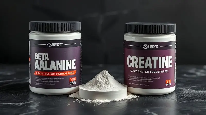 Dois potes de suplementos lado a lado, representando a combinação de beta alanina com creatina para potencializar os treinos.