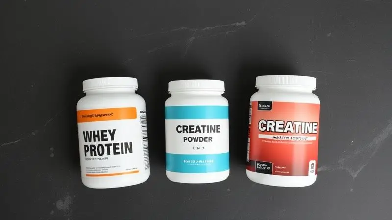Três potes de suplementos sem marca (whey, creatina, maltodextrina), ilustrando a possibilidade de combiná-los.