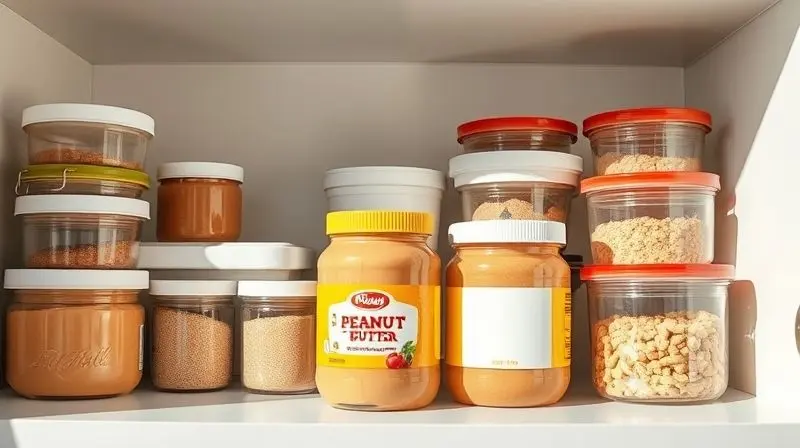 Potes de pasta de amendoim em uma despensa organizada, um deles virado de cabeça para baixo, mostrando como armazenar corretamente.