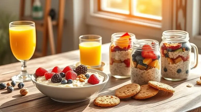 Mesa de café da manhã com diversas formas de consumir aveia: mingau, overnight oats e biscoitos de aveia.