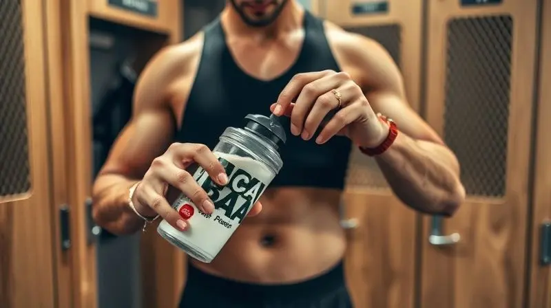 Pessoa preparando um shake de BCAA em uma coqueteleira no vestiário da academia, ilustrando o momento ideal para tomar o suplemento.