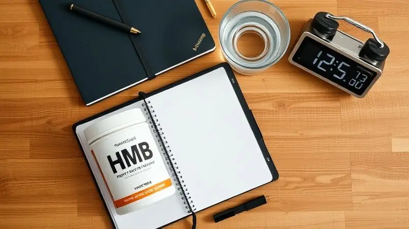 Cena com suplemento HMB, copo de água e relógio, indicando como e quando tomar o suplemento para maximizar os resultados.
