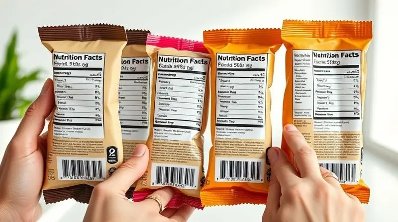 Pessoa analisando o rótulo nutricional de várias barras de proteína para fazer a melhor escolha de acordo com seus objetivos.