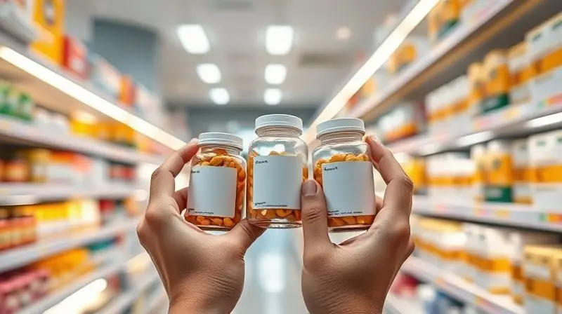 Mãos de uma pessoa comparando diferentes frascos de suplementos de vitamina C em uma farmácia para escolher a melhor opção.