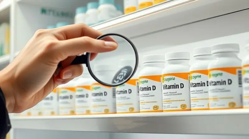 Pessoa utilizando uma lupa para analisar rótulos de suplementos de vitamina D em uma prateleira, ilustrando como escolher o melhor produto.