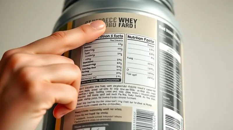 Pessoa analisando o rótulo nutricional de um pote de whey protein, simbolizando a escolha do melhor suplemento de acordo com os ingredientes.