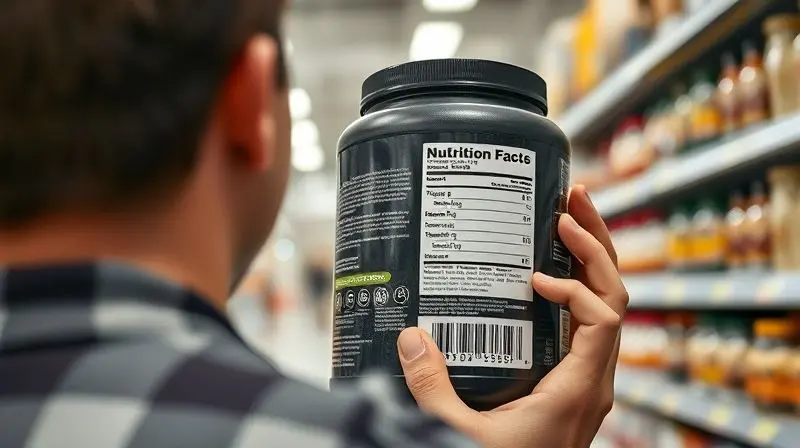 Pessoa analisando o rótulo nutricional de um pote de whey protein, como parte do guia de compra para escolher o melhor produto.
