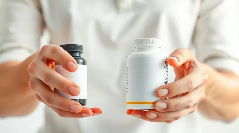 Mãos de uma pessoa comparando dois frascos de suplementos, simbolizando a escolha do melhor produto para as suas necessidades de saúde articular.