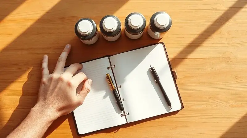 Pessoa analisando diferentes potes de suplementos sobre uma mesa, simbolizando como escolher o produto certo para suas necessidades de treino.