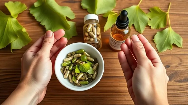 Mãos de uma pessoa comparando as diferentes formas de suplemento de Ginkgo Biloba: chá, cápsulas e extrato líquido.