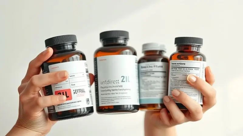 Pessoa comparando rótulos de diferentes frascos de suplementos para escolher o melhor para memória e foco, simbolizando a importância da escolha informada.