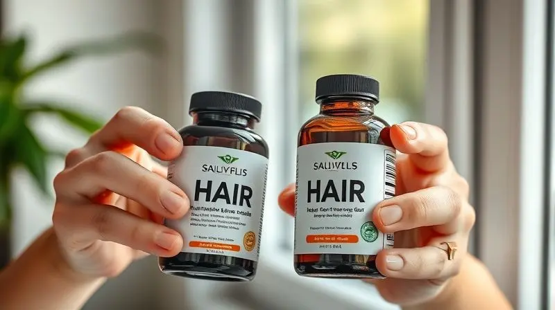 Mulher comparando dois frascos de suplementos para decidir como escolher a melhor vitamina para o seu cabelo.