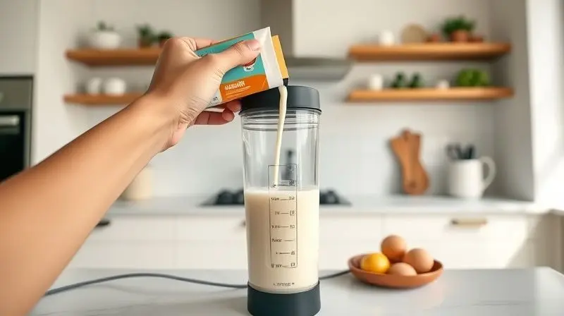 Mãos de uma pessoa preparando um shake de proteína vegana, despejando leite vegetal em uma coqueteleira com o suplemento.