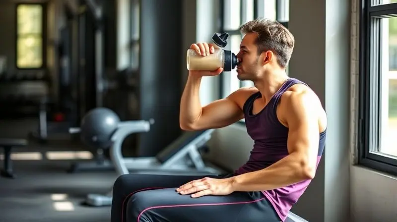 Atleta descansando após o treino e prestes a tomar seu shake de albumina para otimizar a recuperação muscular e obter melhores resultados.