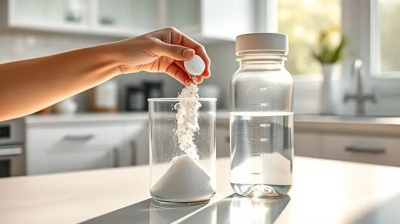 Pessoa preparando uma dose de glutamina, misturando o pó em uma coqueteleira com água para otimizar os benefícios.
