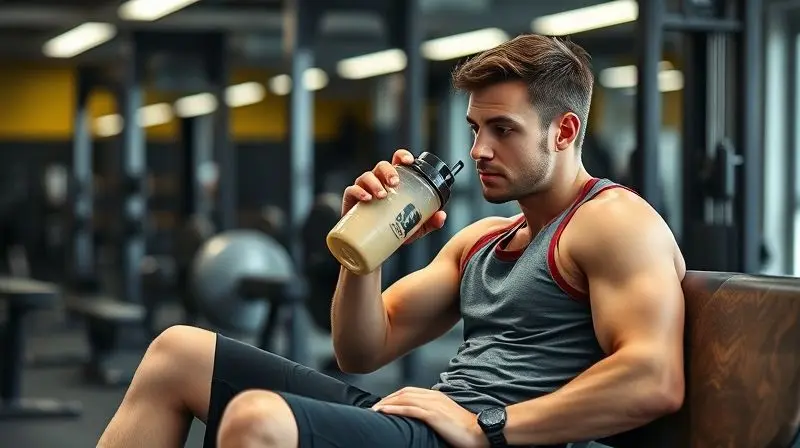 Pessoa bebendo um shake hipercalórico após o treino na academia, mostrando o melhor momento de como e quando tomar.