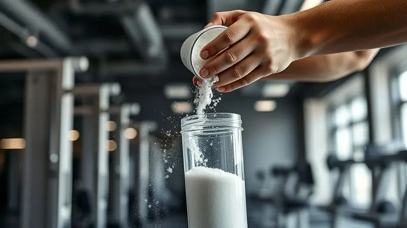 Mãos de um atleta misturando palatinose em pó em uma coqueteleira, demonstrando como preparar o suplemento para obter melhores resultados no treino.