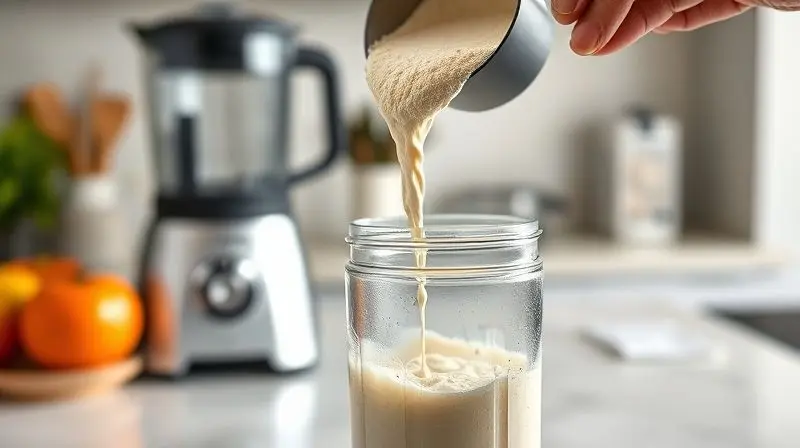 Preparando um shake de whey protein, ilustrando como e quando tomar o suplemento para melhores resultados.