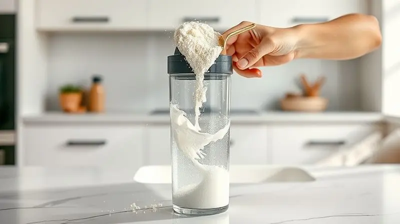 Mãos preparando um shake de whey protein, despejando o pó de um medidor em uma coqueteleira, ilustrando como tomar o suplemento corretamente.