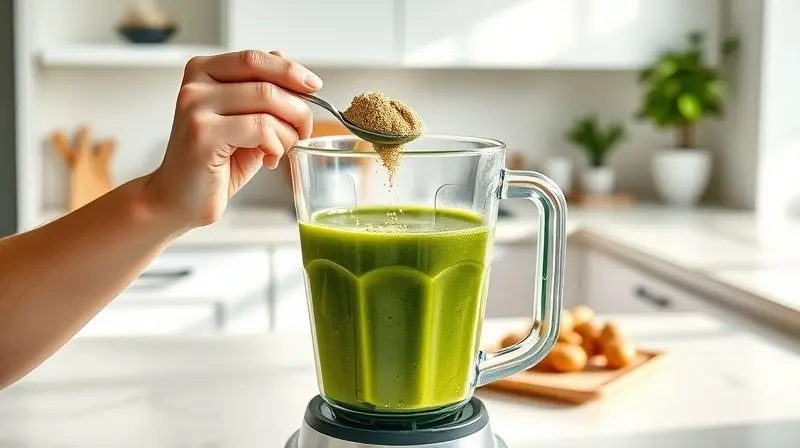 Pessoa adicionando uma colher de maca peruana em pó a um smoothie, demonstrando uma forma prática de como tomar o suplemento.
