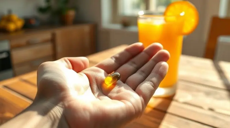 Pessoa tomando suplemento de ferro com um copo de suco de laranja para maximizar a absorção de nutrientes pela manhã.