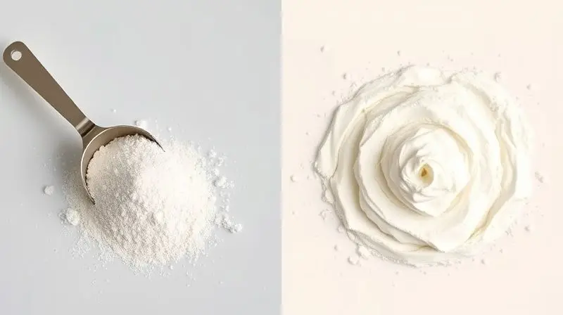 Comparativo visual entre uma colher de EAA em pó e uma de whey protein, destacando as diferenças para ajudar na escolha do melhor suplemento.