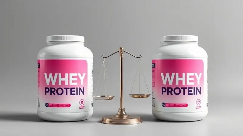 Comparativo entre o Whey da Growth e concorrentes, mostrando dois potes de whey lado a lado em uma balança para análise.