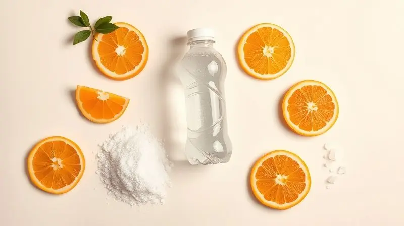 Composição com ingredientes de um isotônico: frutas para vitaminas, açúcar para carboidratos e cristais de sal para eletrólitos.