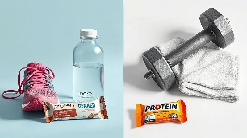 Comparativo visual mostrando uma barra de proteína ao lado de itens de pré-treino e outra ao lado de itens de pós-treino.